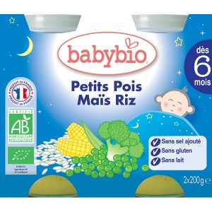 Babybio Petit pot bébé dès 6 mois, petits pois maïs riz 2*200g –